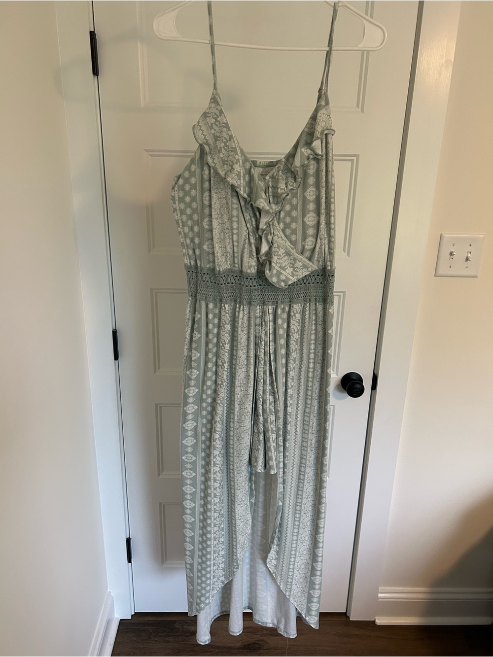 No Boundaries Sage Green Printed Maxi Jumpsuit Romper with Ruffle Neck